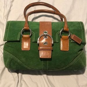 Suede leather green and tan couch bag